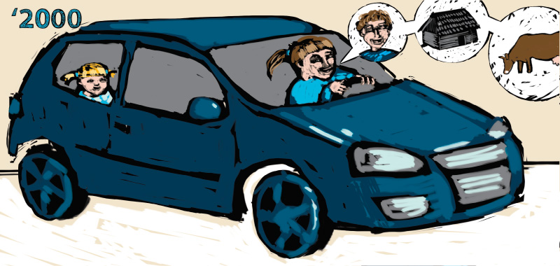 Comic story about country side, Years past, Girl is coming back from city to countryside